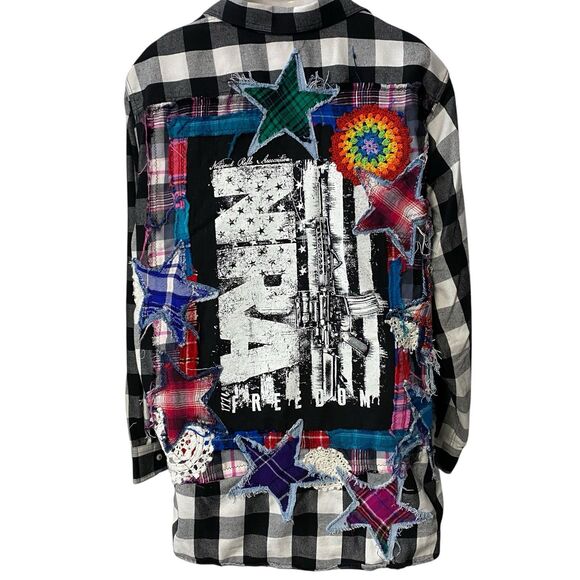 Upcycled Flannel Shirt Shacket Womens 3X NRA Patriot Grunge Patchwork Folk Art - Picture 10 of 16